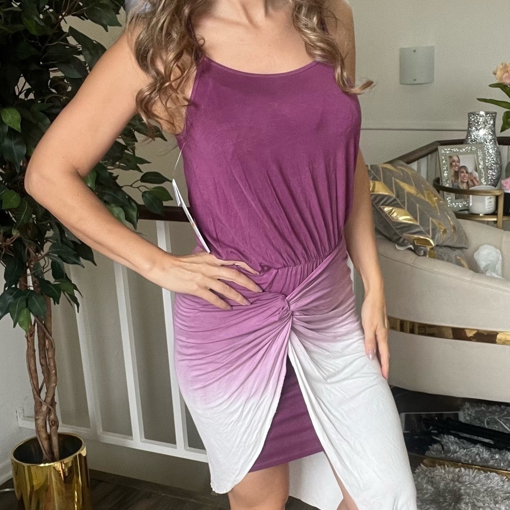 NWT Kenzie Viscose Sleeveless White Purple High Low Dress Size S